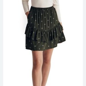 Madewell Pull-On Ruffle Tiered Mini Skirt Dot Daisy Print Green Boho